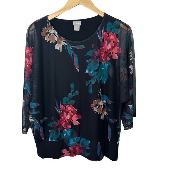 Chico's Floral Black Blouse L Mesh Semi Sheer Sleeves Womens Top Size 2 Tropical - Picture 1 of 8